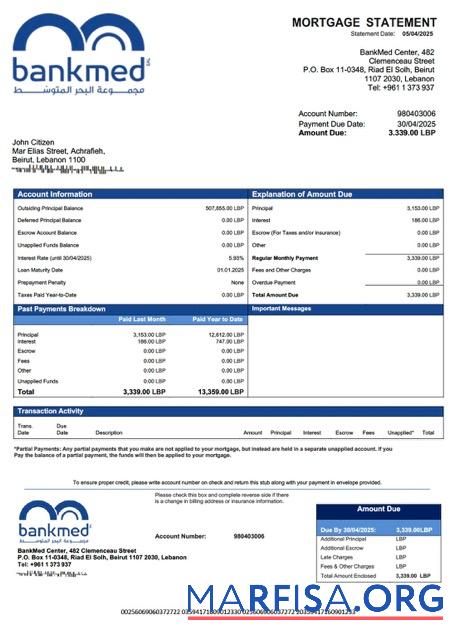Blank Lebanon BankMed mortgage statement Word and PDF template
